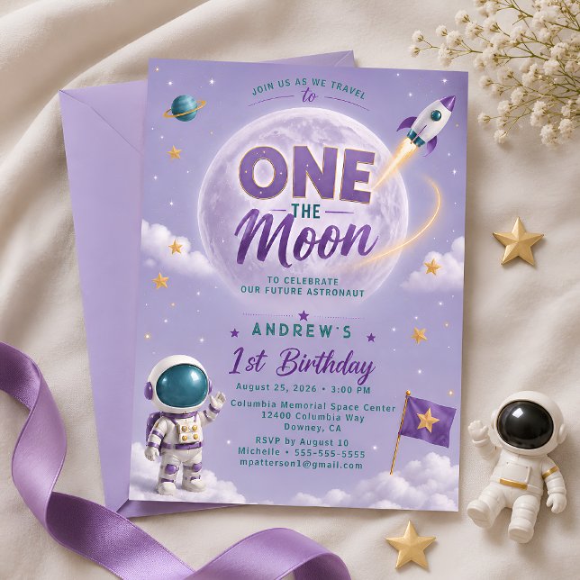 Lavender One The Moon First Birthday Party Space  Invitation (Creator Uploaded)