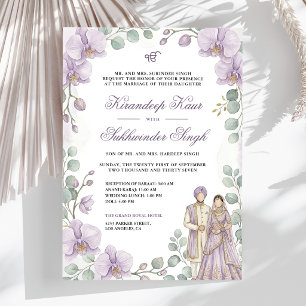 Lavender Orchid Watercolor Floral Sikh Wedding Invitation