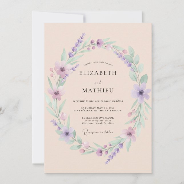 Lavender Pale Peach Botanical Wedding Invitation (Front)