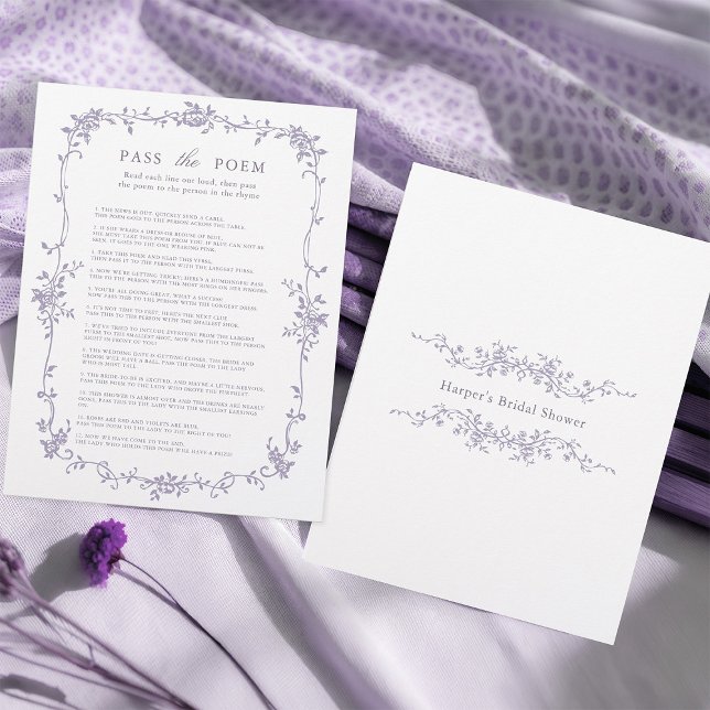 Lavender 'Pass the Poem' Bridal Shower Game (Front & Back)
