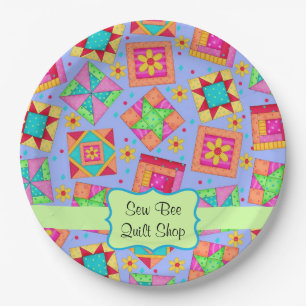 Lavender Patchwork Quilt Block Name Happy Birthday Paper Plate