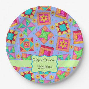 Lavender Patchwork Quilt Block Name Happy Birthday Paper Plate
