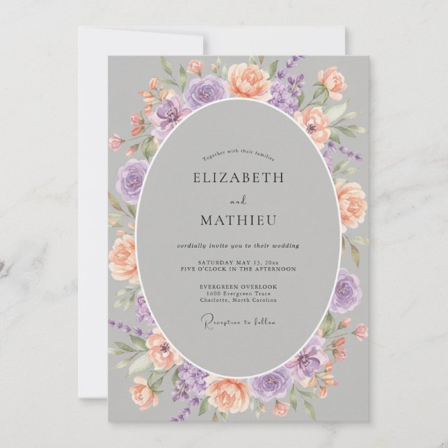Lavender Peach Blossom Flourish Wedding Invitation (Front)