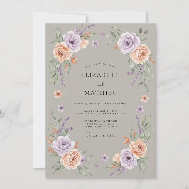 Lavender Peach Floral Flourish Wedding Invitation (Front)