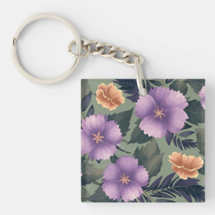 Lavender & Peach Flowers on Olive Green Background Key Ring
