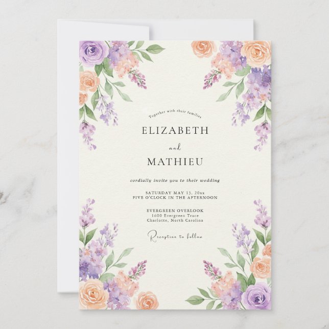 Lavender Peach Serene Floral Wedding Invitation (Front)