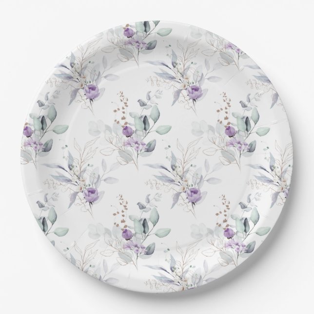 Lavender Peonies, Eucalptus Floral Wedding Paper Plate (Front)