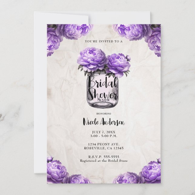 Lavender Peony Mason Jar Rustic Bridal Shower  Invitation (Front)
