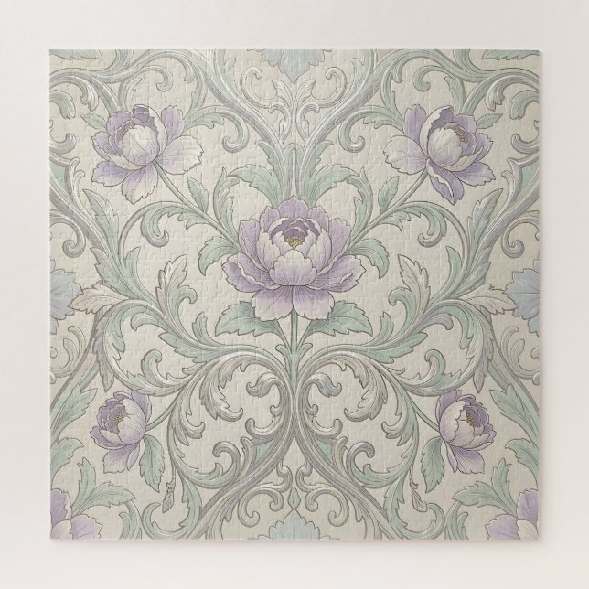 Lavender Peony Silver Scroll Ornate Floral Pattern Jigsaw Puzzle (Vertical)