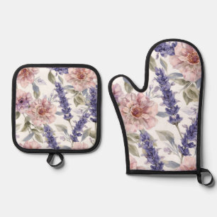Lavender Peony Watercolor Floral Garden Oven Mitt & Pot Holder Set