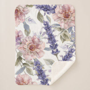 Lavender Peony Watercolor Floral Garden  Sherpa Blanket