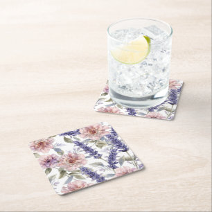 Lavender Peony Watercolor Floral Garden Square Paper Coaster