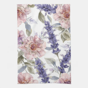 Lavender Peony Watercolor Floral Garden Tea Towel