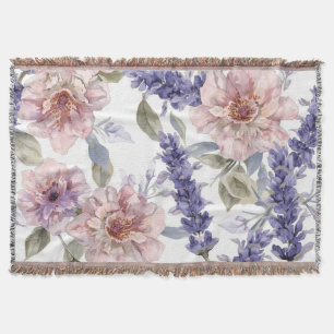 Lavender Peony Watercolor Floral Garden  Throw Blanket