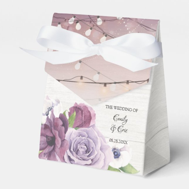 Lavender Peony Wood String Of Lights Wedding Favour Box (Front Side)