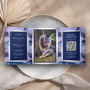 Lavender Periwinkle Agate Marble QR Code Wedding Tri-Fold Invitation