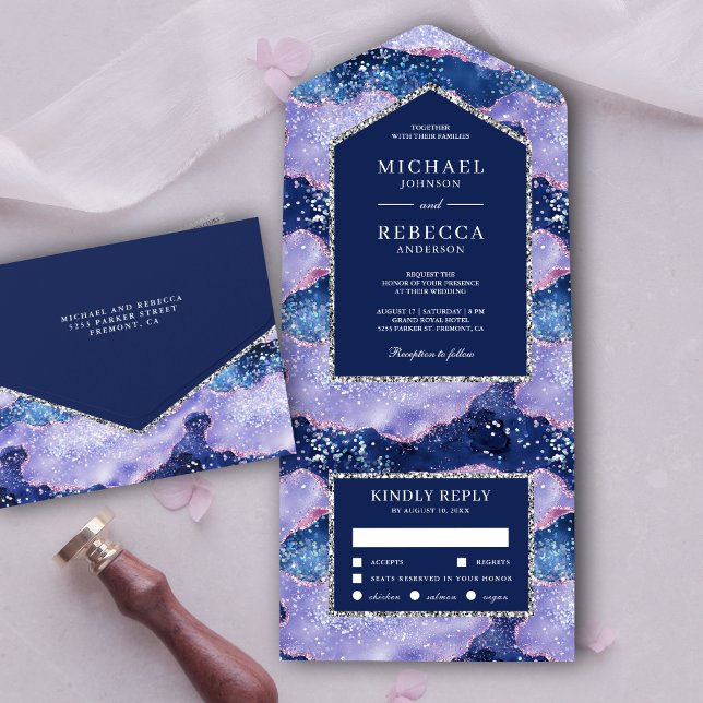 Lavender Periwinkle Glitter Agate Marble Wedding All In One Invitation (Creator Uploaded)