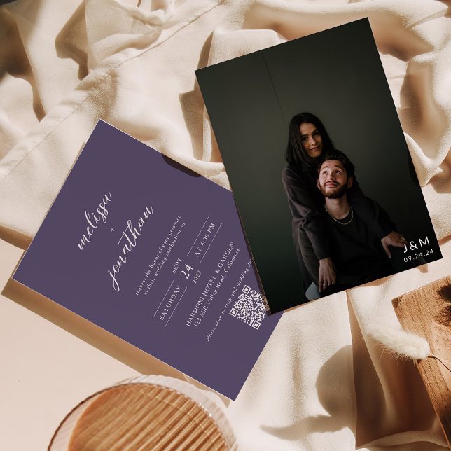 Lavender Photo Script Monogram QR Code Wedding Invitation (Creator Uploaded)