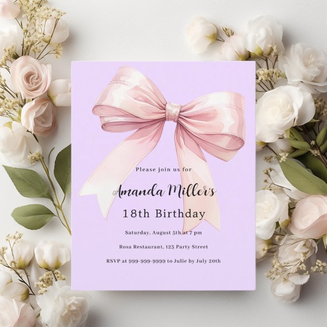 Lavender pink bow elegant birthday invitation (Creator Uploaded)