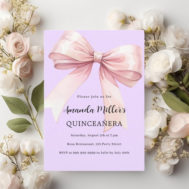 Lavender pink bow elegant Quinceanera Invitation (Creator Uploaded)
