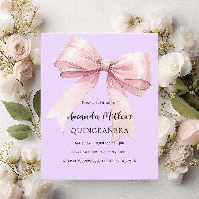 Lavender pink bow Quinceanera invitation (Creator Uploaded)