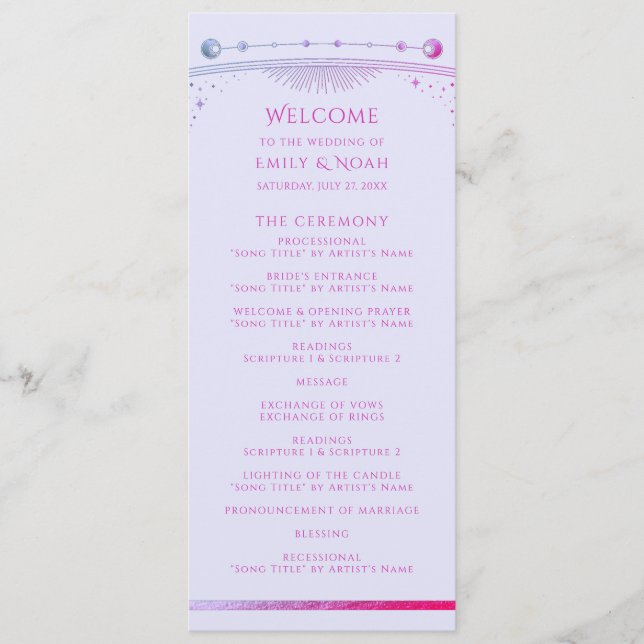 Lavender Pink Celestial Wedding Ceremony Programme (Front)