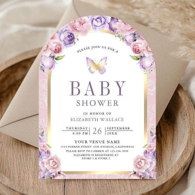 Lavender Pink Floral Arch Butterfly Baby Shower Invitation (Creator Uploaded)
