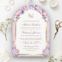 Lavender Pink Floral Gold Arch Butterfly Wedding