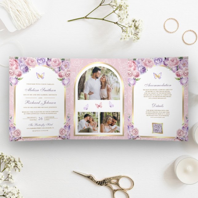 Lavender Pink Floral Gold Arch Butterfly Wedding Tri-Fold Invitation (Creator Uploaded)