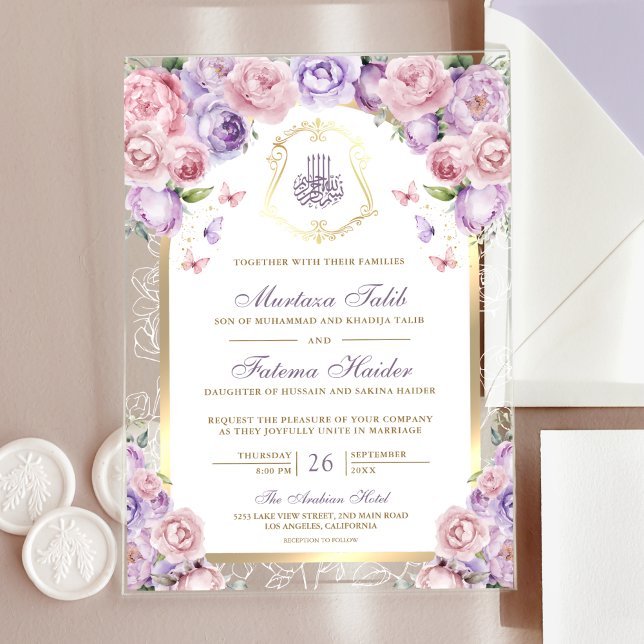 Lavender Pink Floral Gold Arch Muslim Wedding Acrylic Invitations (Creator Uploaded)