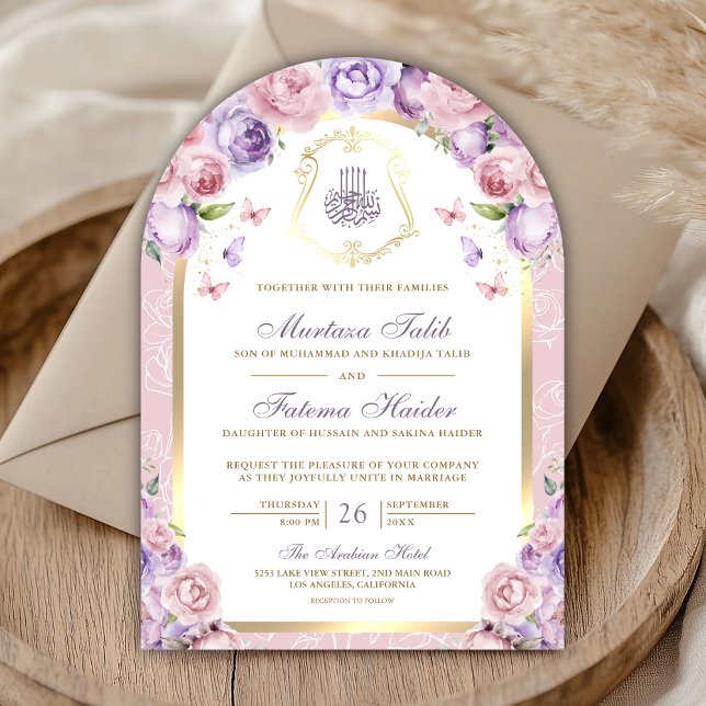 Lavender Pink Floral Gold Arch Muslim Wedding Invitation (Creator Uploaded)