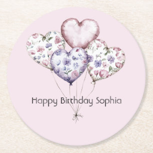 Lavender Pink Floral Heart Balloons Birthday Round Paper Coaster