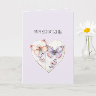Lavender Pink Floral Heart Butterflies Birthday Card