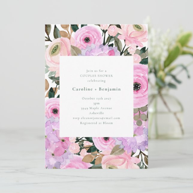 Lavender Pink Floral Watercolor Couples Shower   Invitation (Standing Front)