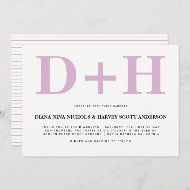 Lavender pink initials bold typography wedding invitation (Front/Back)