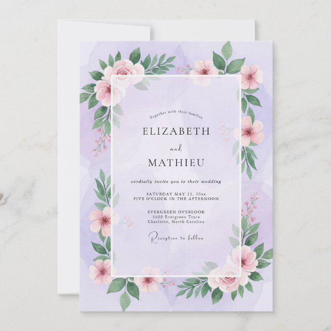 Lavender Pink Leafy Wedding Invitation (Front)