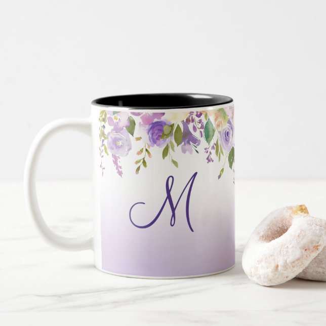Lavender Pink Moss Green Monogram  & Name Floral Two-Tone Coffee Mug (With Donut)