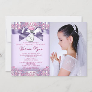 Lavender Pink Photo First Communion Invitation