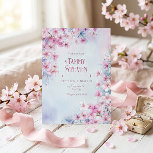 Lavender Pink Watercolor Sakura Border Wedding Invitation