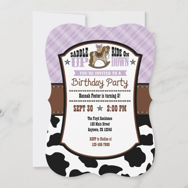 Lavender Plaid Cowhide Cowboy Birthday Invite (Front)