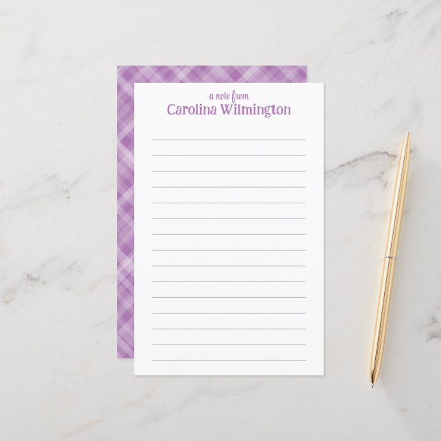 Lavender Plaid Cute Lined Letter Paper Stationery (Front/Back In Situ)