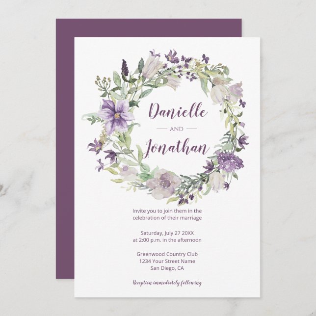Lavender Plum Purple Cream Floral Wreath Wedding | Invitation (Front/Back)
