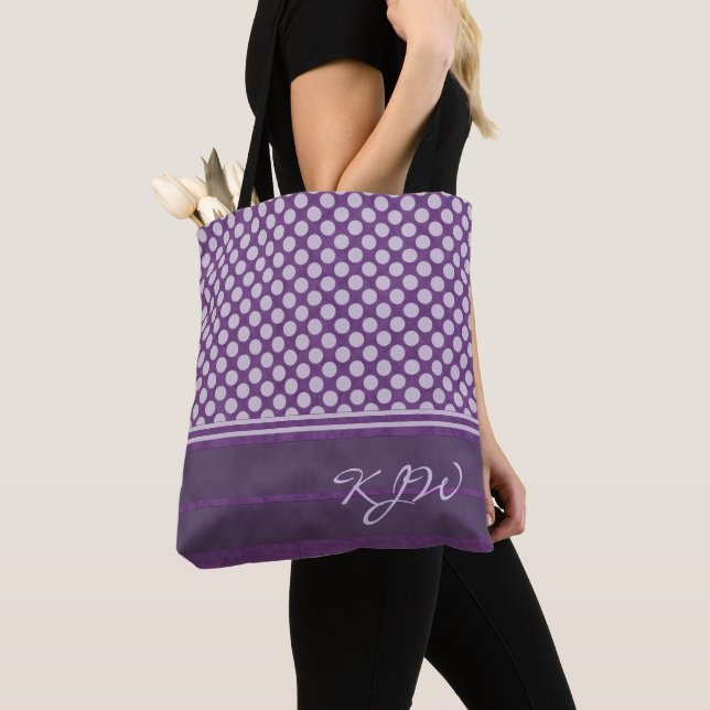 Lavender Polka Dot on Plum Monogram Tote Bag (Close Up)