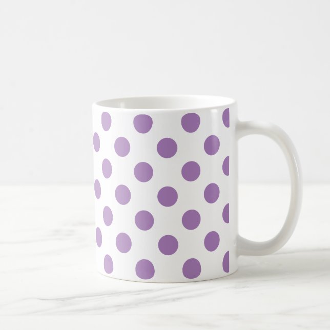 Lavender polka dots on white coffee mug (Right)