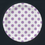 Lavender polka dots on white paper plate<br><div class="desc">Lavender and white polka dots</div>