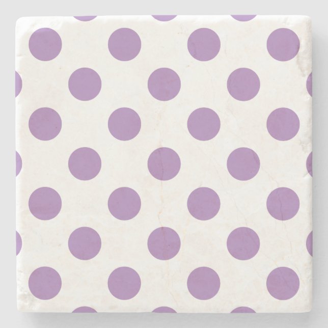 Lavender polka dots on white stone coaster (Front)