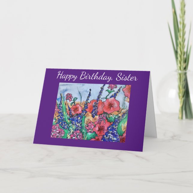 Lavender Poppies Sister Birthday Flower Watercolor Card (Front)