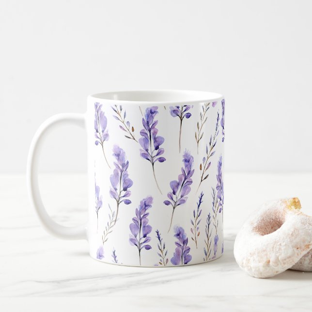 Lavender Pressed Flowers Watercolor-Style Coffee Mug (With Donut)