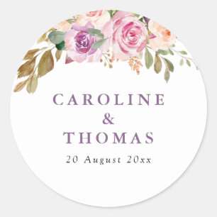 lavender purple and blush floral wedding classic round sticker
