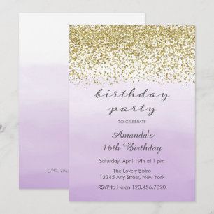 Lavender Purple and Gold Birthday Invitation